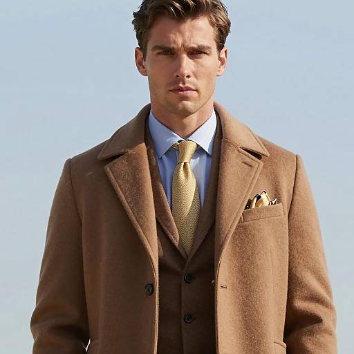 Fashionable Man in Brown Overcoat and Gold Tie