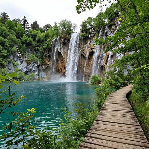 Photograph of a serene waterfall cascading into a turquoise pool, framed by lush greenery and a wooden boardwalk in the foreground.
