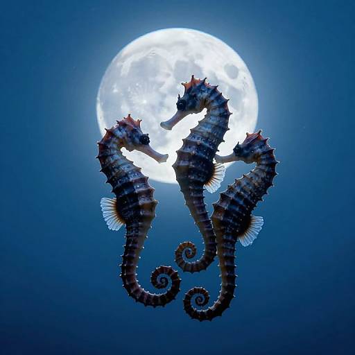 Photograph of two dark blue seahorses with white stripes, facing each other, silhouetted against a bright full moon in a deep blue