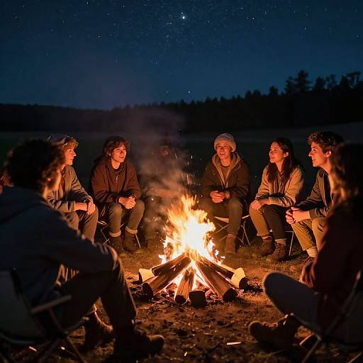 Photograph of six friends sitting around a bright campfire at night, under a starry sky, sharing laughter and warmth in a wooded area.