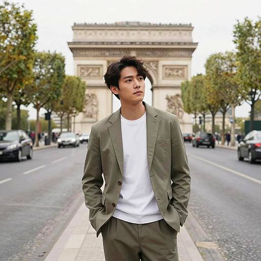 Photograph of a young Asian man with short black hair, wearing a green blazer, white shirt, and olive pants, standing confidently in front of