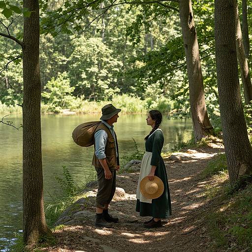 Photograph of a man in rustic clothing with a backpack and a woman in a green dress holding a straw hat, standing on a forest path beside a
