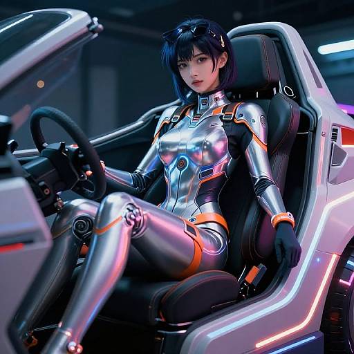 Digital artwork of an East Asian woman in a shiny, futuristic, silver and black bodysuit, driving a high-tech, neon-lit car.