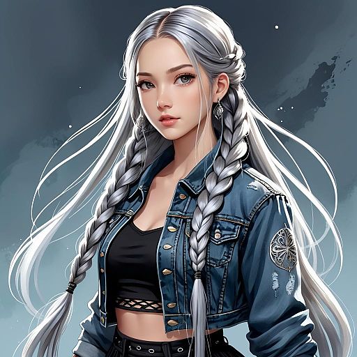 Ethereal woman with silver braids in denim jacket