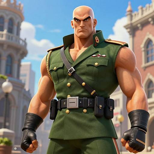 CGI image of a muscular, bald, stern-looking man in a green military uniform with black gloves, belt, and chest strap, standing in an