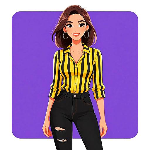 Digital anime-style drawing of a smiling woman with brown hair, wearing a yellow and black striped shirt and black ripped jeans, against a purple background.