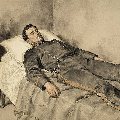 Sepia-toned drawing of a man with closed eyes, lying on a bed with white pillows and beige blanket, wearing a dark military uniform and chains