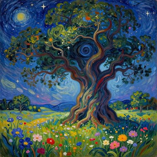 Vibrant, swirling night landscape painting of a twisted tree under a starry sky, with colorful flowers and a glowing moon.