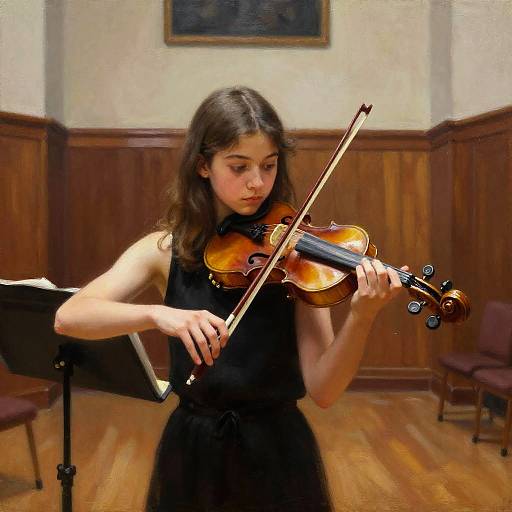 Photograph of a young woman with long brown hair, wearing a black sleeveless dress, playing a violin in a wooden-paneled room.