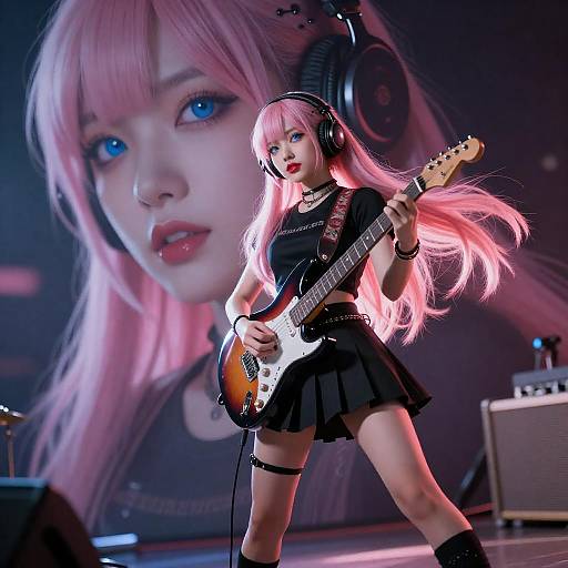 Backlit Pink-Haired Guitarist in Studio