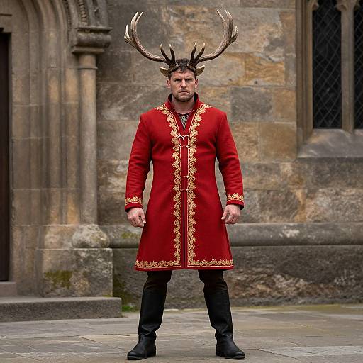 Photograph of a man with antlers, wearing a red, ornate coat, black pants, and boots, standing in front of a stone building