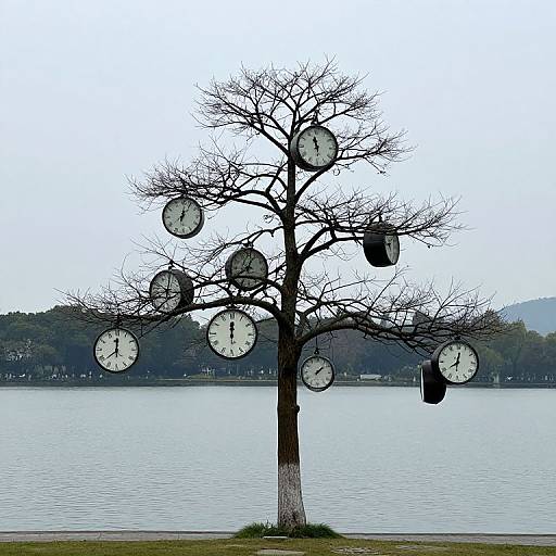 Surreal Clocktower Tree Over Lake
