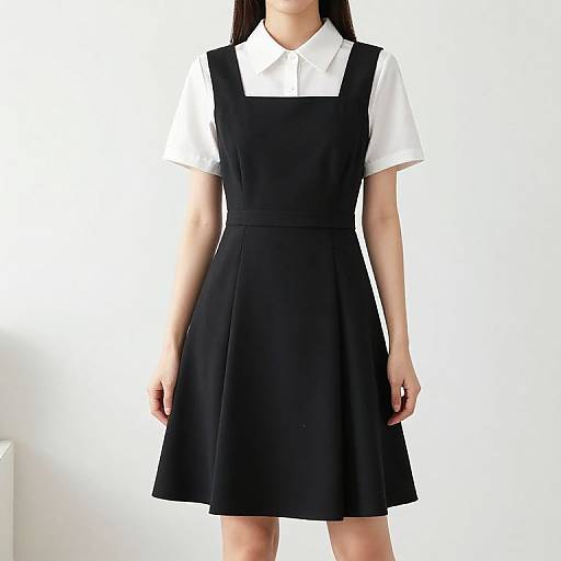 Photograph of a woman in a black A-line dress with white short-sleeved shirt and collar, standing against a plain white background.