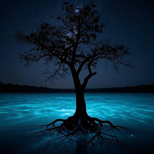 Silhouetted tree with exposed roots stands in glowing blue water under a starry night sky, with the Milky Way visible. Photographic image.