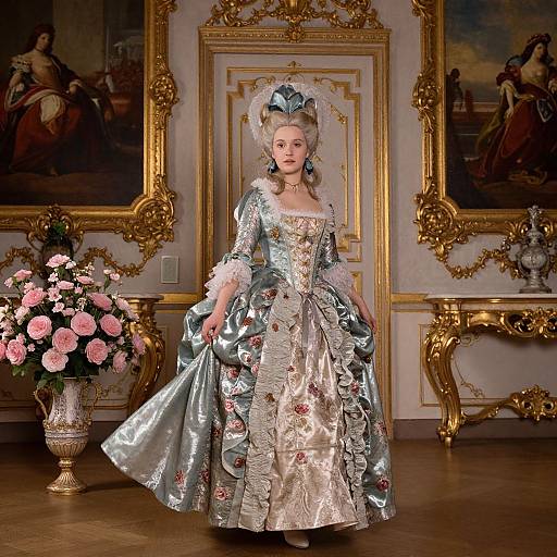 Photograph of a pale-skinned woman in an ornate, silver and blue floral ball gown, standing in an opulent, gold-framed room