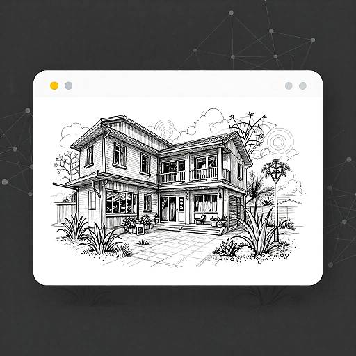 Black-and-white line drawing of a modern, two-story house with multiple windows, surrounded by small plants, on a white square background.