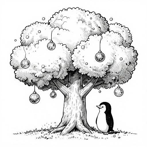 Black-and-white ink drawing of a large tree with spherical ornaments, standing next to a small penguin on grass.