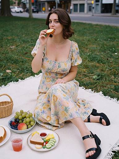 Photograph of a woman with fair skin and brown wavy hair, wearing a floral dress, black sandals, eating a sandwich on a white picnic blanket