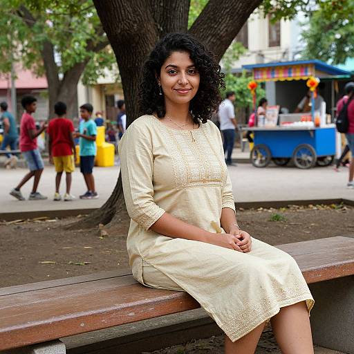 Photograph of a smiling South Asian woman with curly black hair, wearing a cream-colored embroidered dress, sitting on a wooden bench in a park with colorful