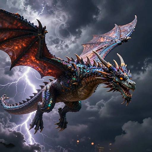 Digital art of a fierce, glowing blue and red dragon with spiked wings, flying amidst a stormy sky with lightning.