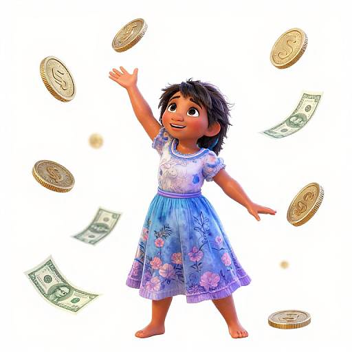 Digital illustration of a happy, brown-skinned, dark-haired girl in a floral blue dress, joyfully raising her arm amidst floating coins and dollar bills