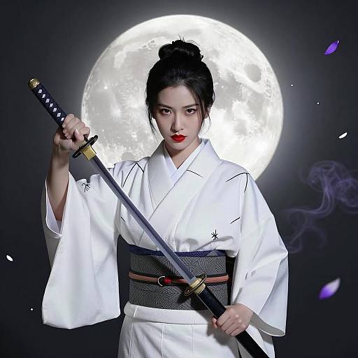 Confident Asian Woman in Kimono with Katana
