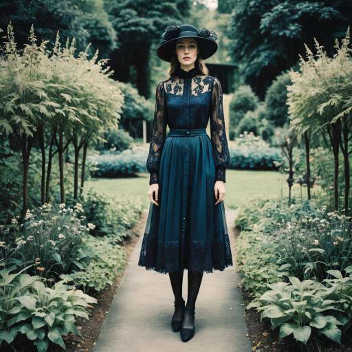 Woman in Vintage Funeral Outfit in Elegant Garden