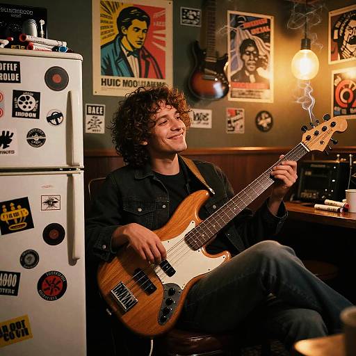 Mellow Jazz Bassist in Cozy Music Room