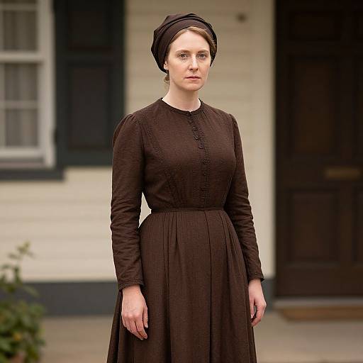 Photograph of a pale-skinned woman with brown hair in a black Victorian-style dress and headscarf standing in front of a white building with dark