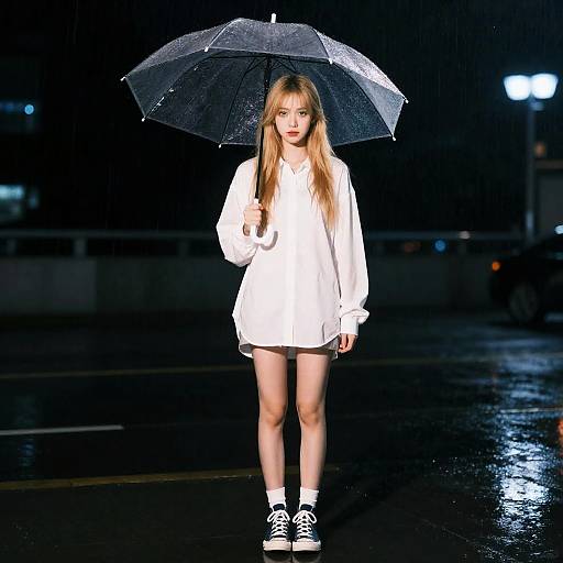 Young Woman Standing in the Rain with Umbrella at Night