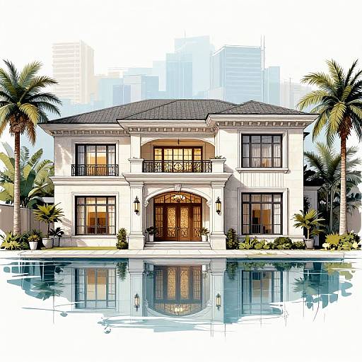 Illustrated, modern Mediterranean-style mansion with white walls, dark roof, balcony, large windows, palm trees, and reflecting pool in front.