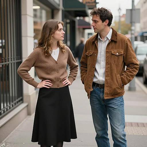 Two People Standing on City Sidewalk