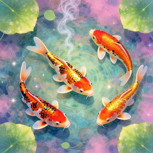 Vibrant digital artwork of four orange and black koi fish swimming in a colorful, swirling water pond with green lilies.