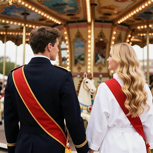 Romantic Carousel Scene with Navy Man