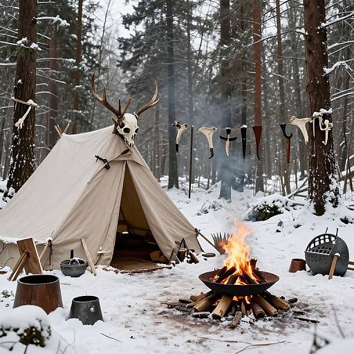 Grim Tribal Campsite in Snowy Woods