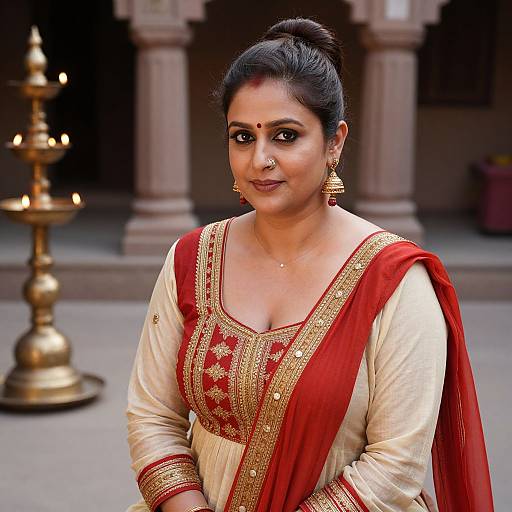 Photograph of a South Asian woman in a traditional red and gold saree, adorned with gold jewelry, standing in front of a lit brass oil lamp