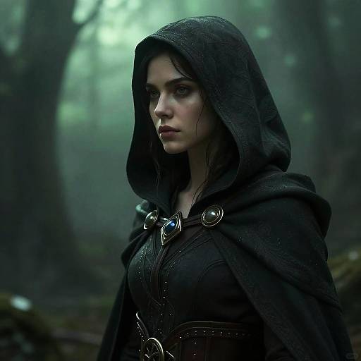 Digital artwork of a serious young woman with pale skin and dark eyes, wearing a black hooded cloak, in a misty forest. She has dark