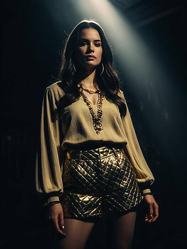 Chic Woman in Metallic Gold Shorts and Beige Blouse