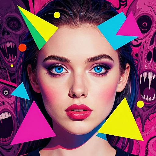 Digital artwork of a fair-skinned, blue-eyed woman with red lipstick, surrounded by colorful triangles and a pink, surreal monster background.