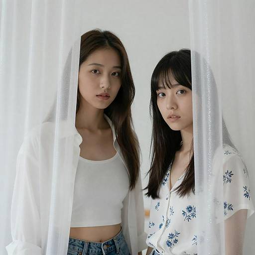 Two Women Behind Glittery White Curtains