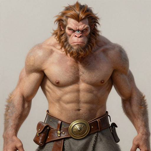 CGI image of a muscular, anthropomorphic, bearded ape with a stern expression, wearing a brown leather belt with a gold emblem, and gray