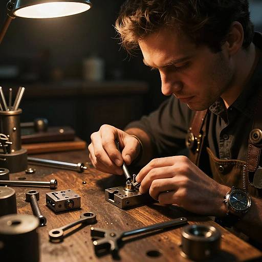 Steampunk Locksmith in Dim Workshop