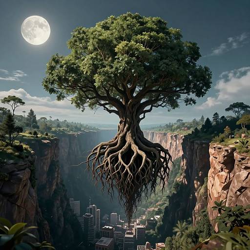 Digital artwork of a massive tree with exposed roots floating above a canyon cityscape under a full moon. Urban buildings nestle at canyon bottom, surrounded by