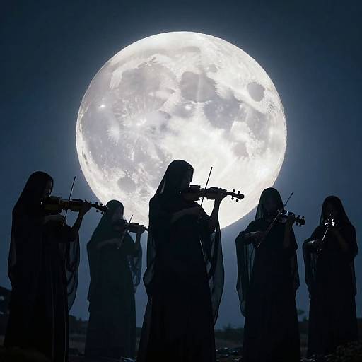 Silhouetted musicians playing violins against a large, luminous full moon in a dark, night sky. The bright moon contrasts sharply with their