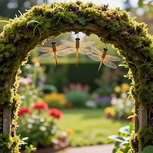 Golden Dragonflies on Mossy Archway