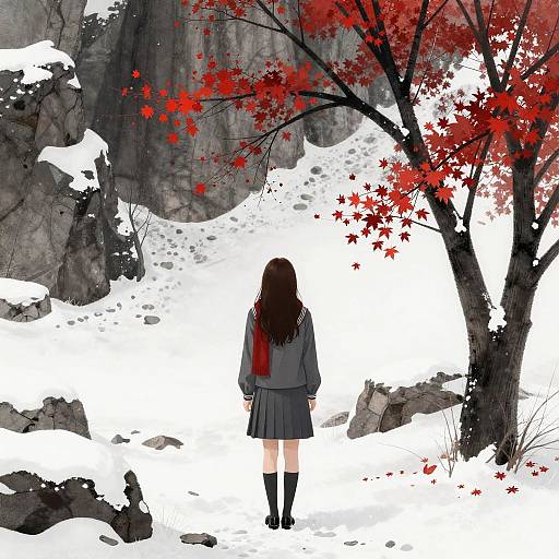 Digital anime-style drawing of a girl with long brown hair, wearing a gray school uniform, standing in snowy landscape beneath a red-leafed tree.