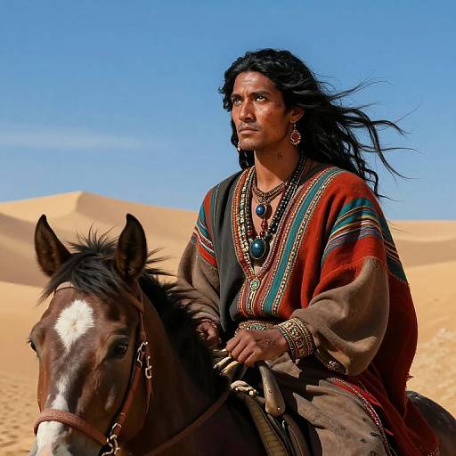 Photograph of a Native American man with long black hair, wearing traditional red and green striped robe, riding a brown horse in a bright blue sky desert