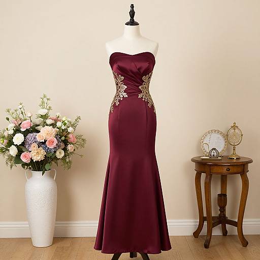 Photograph of a strapless, maroon evening gown with gold embroidery, displayed on a white mannequin, flanked by a floral vase and
