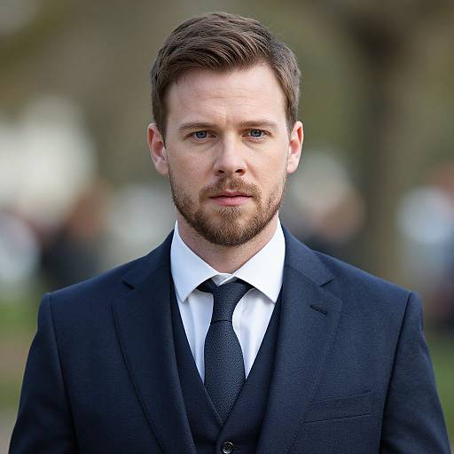 Photograph of a handsome, bearded white man with short brown hair, wearing a black suit, white shirt, and black tie, standing outdoors with