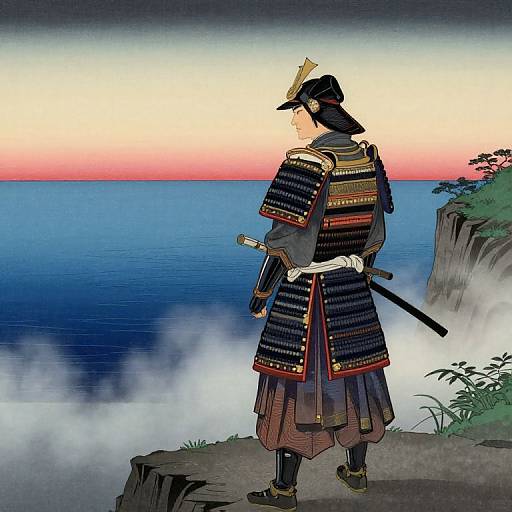 Colorful digital illustration of a samurai standing on a cliff, facing a tranquil ocean at sunrise, wearing traditional armor and holding a sheathed sword.